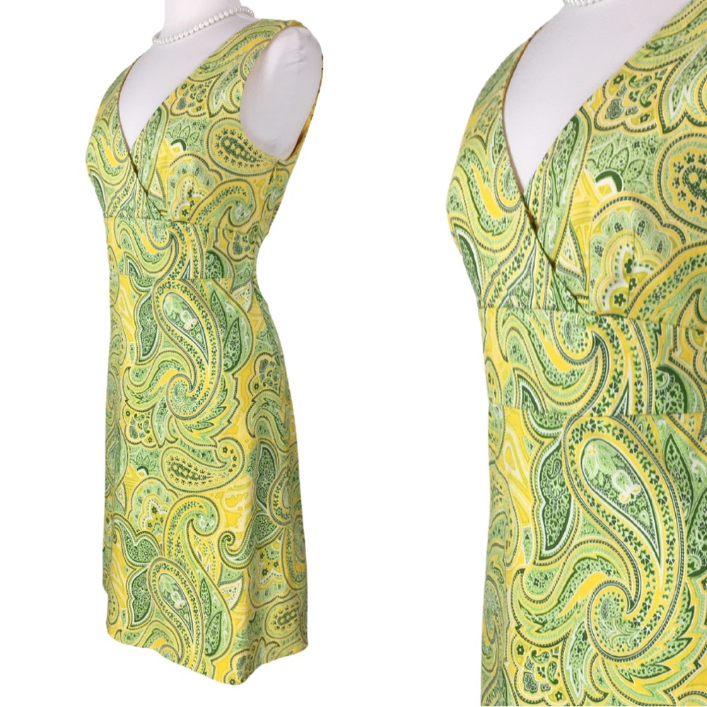 Spense Paisley Yellow and Green Cotton Surplice V-Neck Sleeveless Midi Dress 12 - Picture 2 of 16